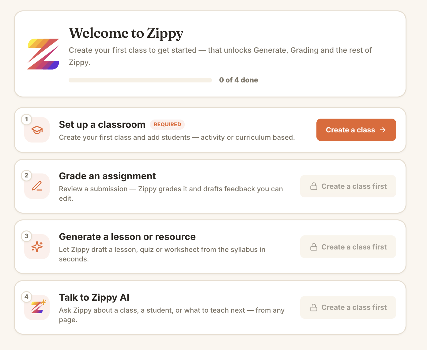 Zippy onboarding checklist with four steps, only Set up a classroom is available