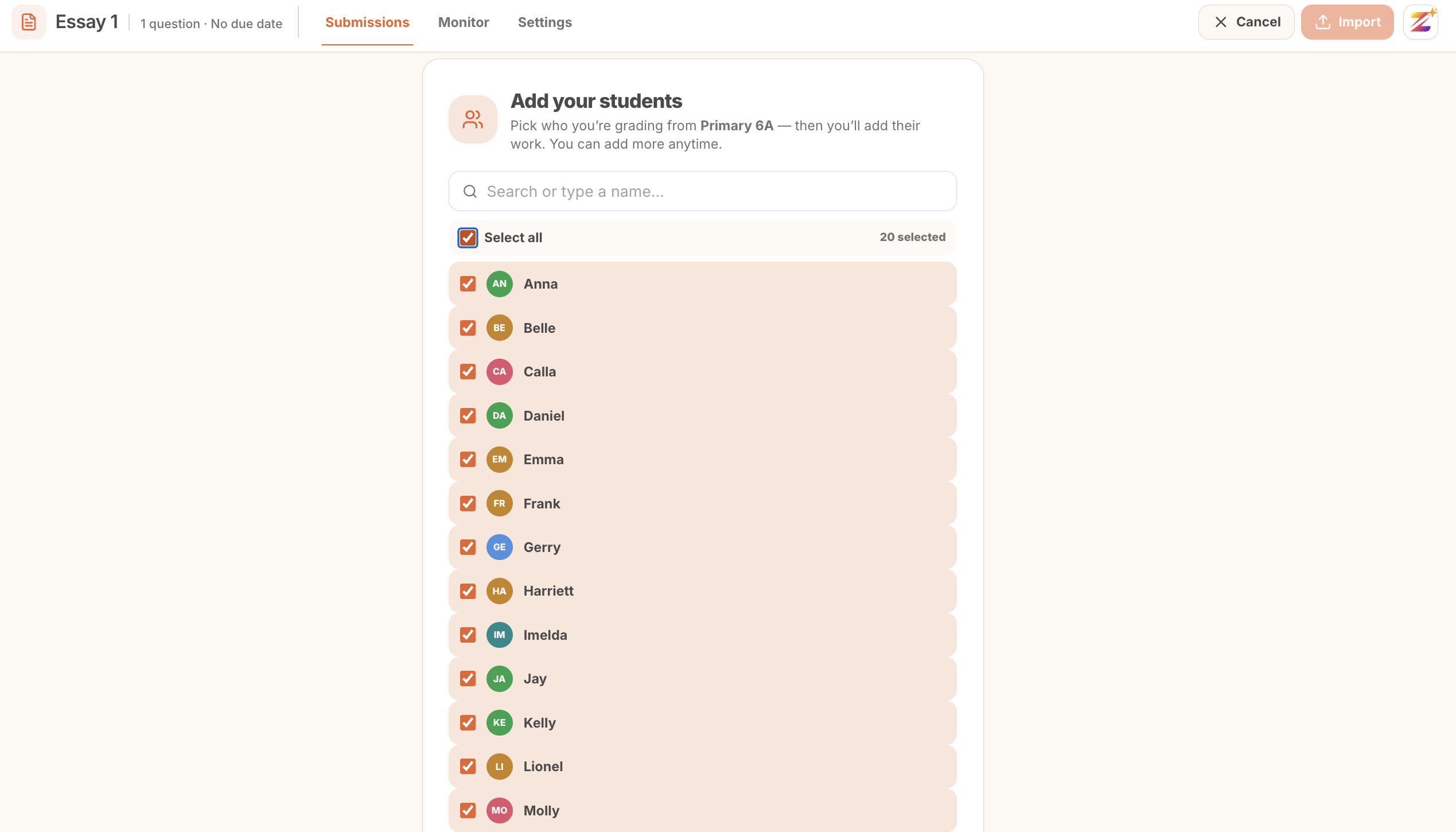 Selecting all twenty students to grade