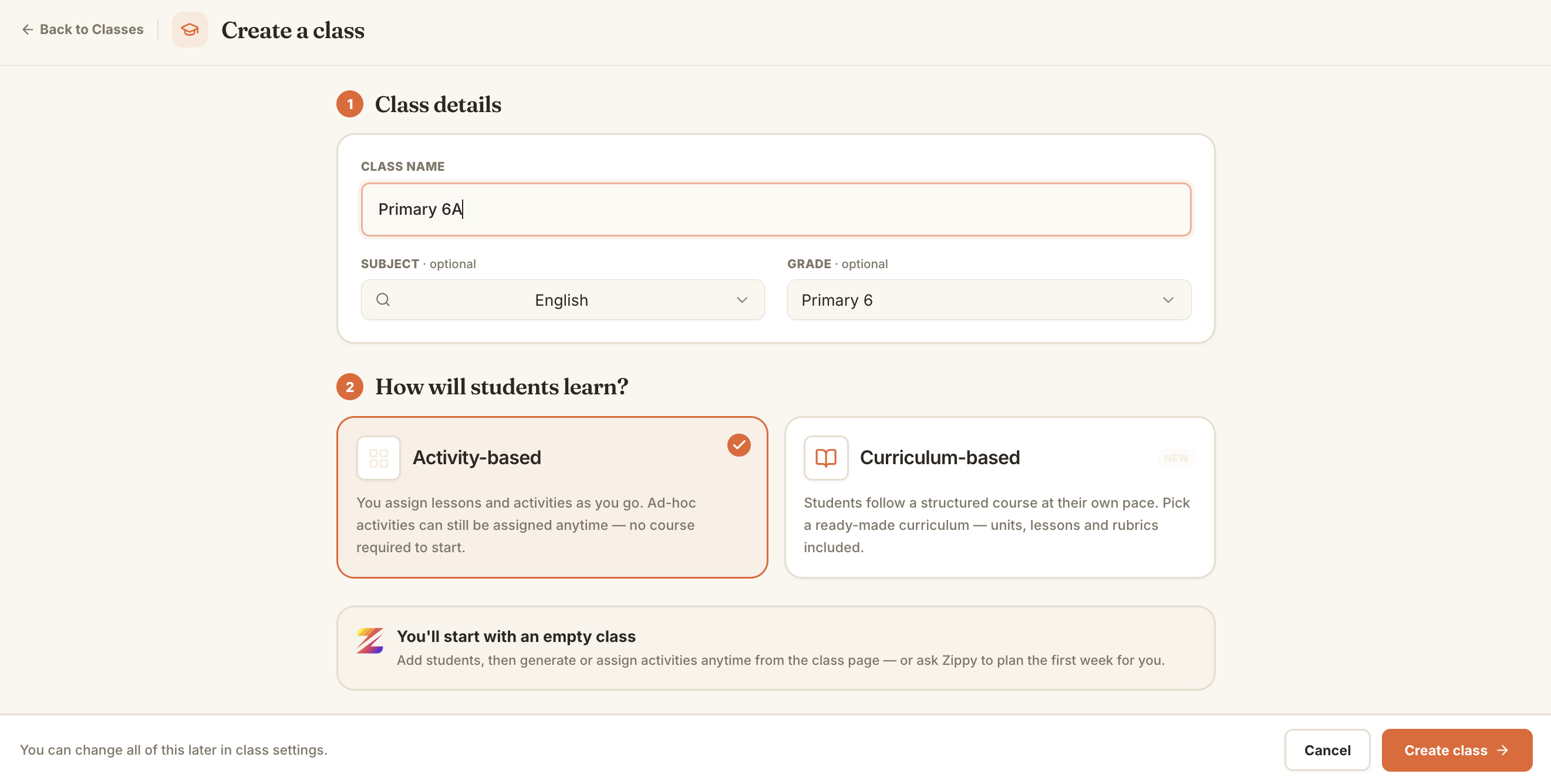 The Create a class form showing class name, subject, grade, and how students will learn