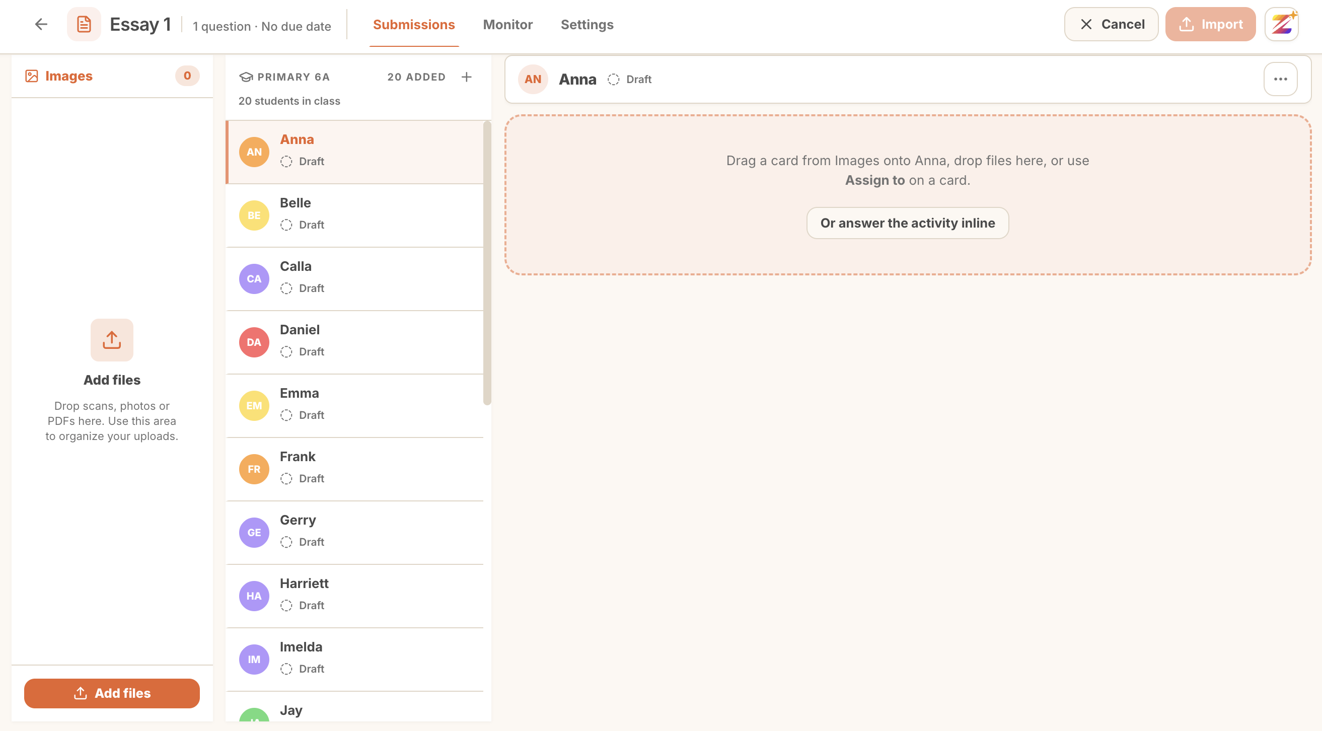 The add files panel for dropping scans, photos, or PDFs