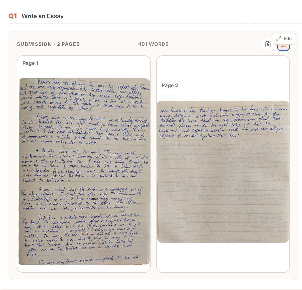 A scanned two-page handwritten essay