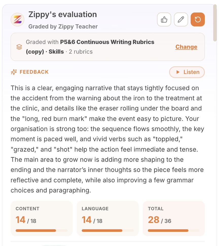 Zippy's evaluation with feedback and content, language, and total scores