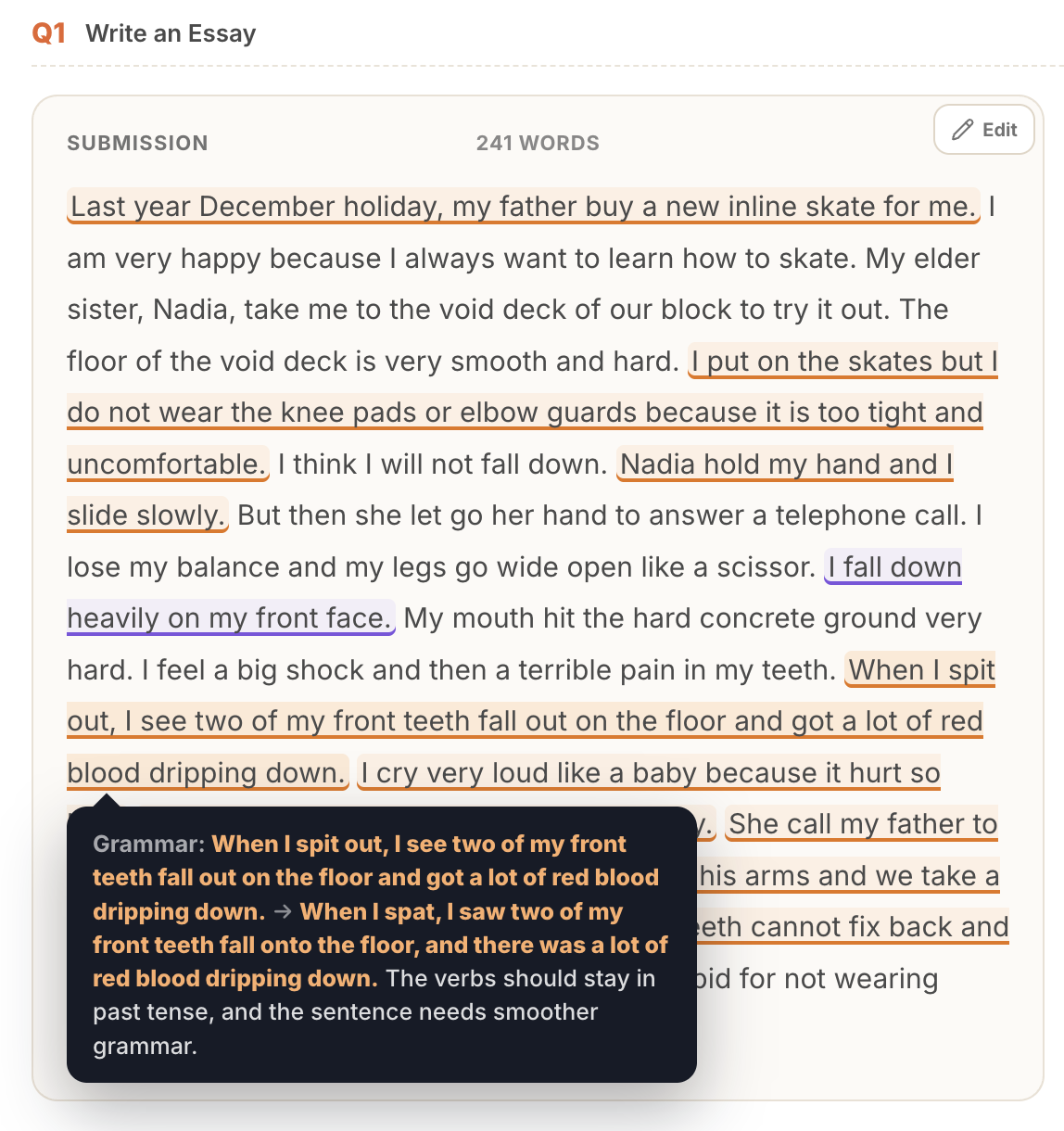 Inline annotations on the student's text with a grammar suggestion