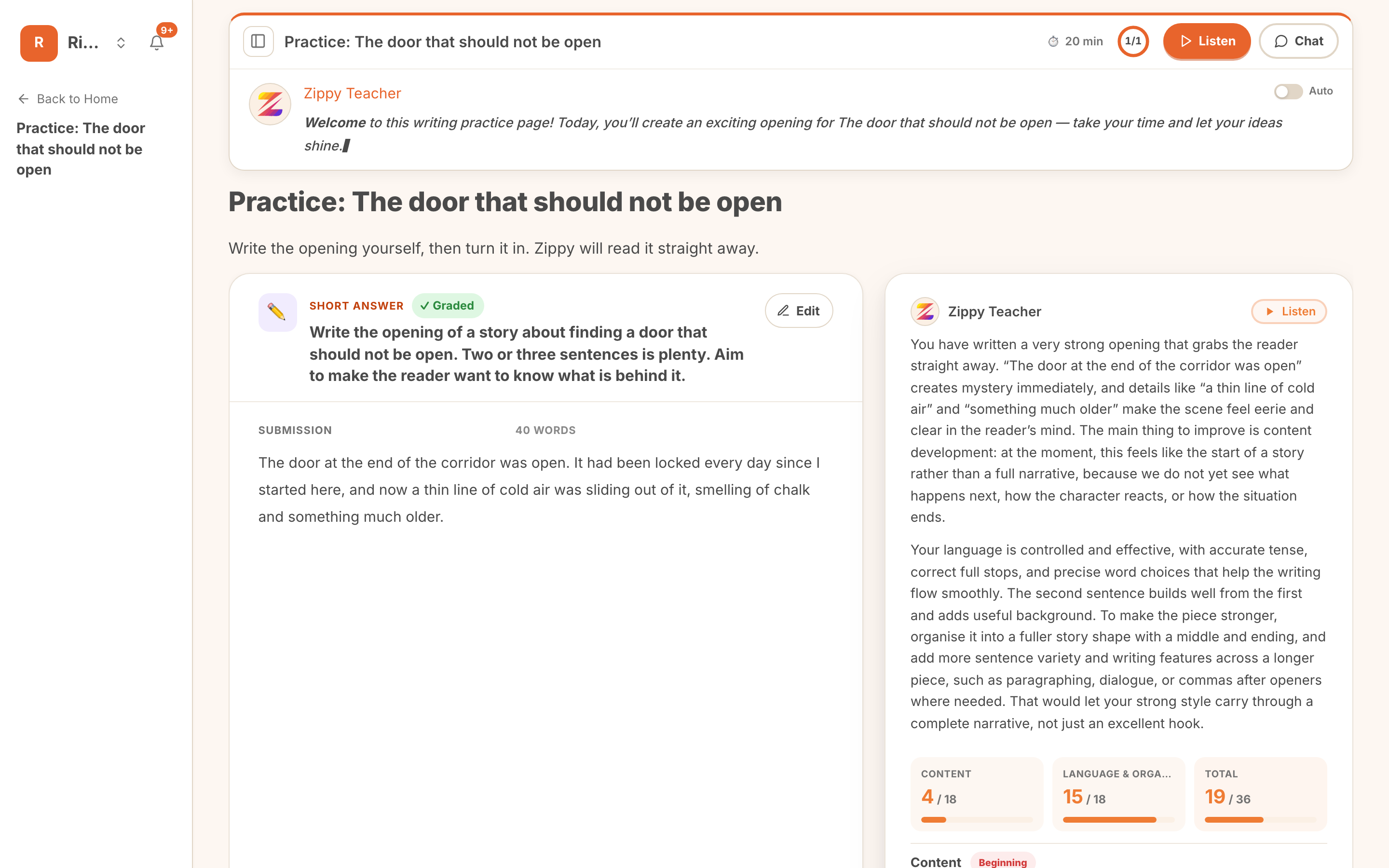inline feedback on a question, returned without waiting for marking