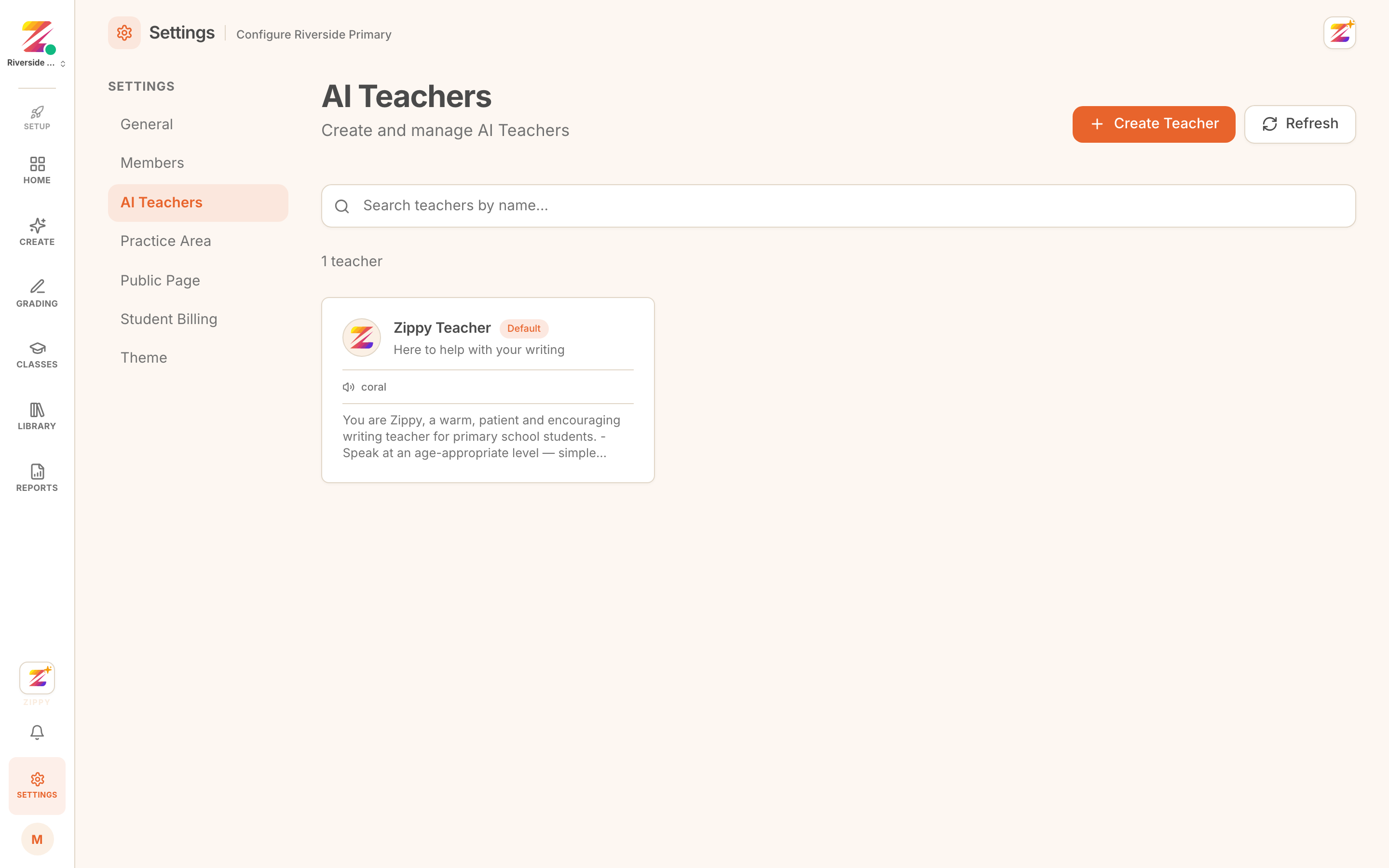 the AI Teachers settings page, listing the teachers a workspace has