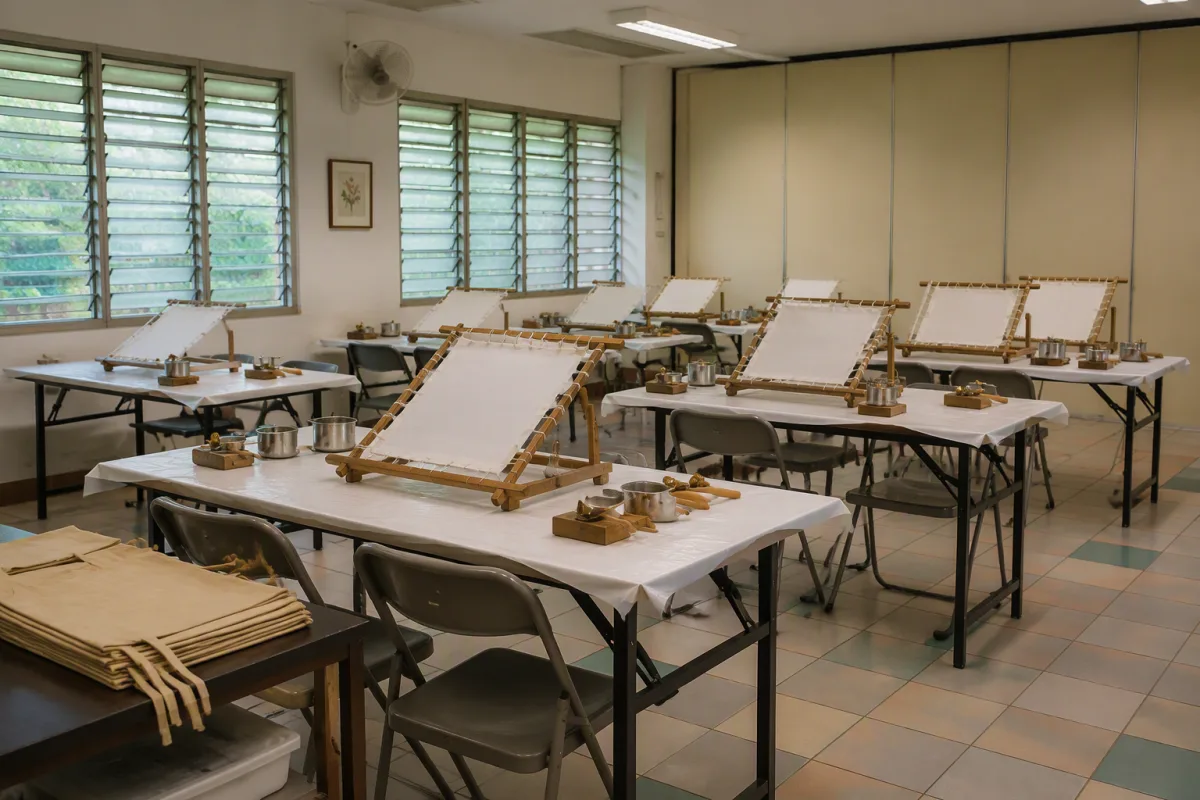 An original image of a community centre activity room set up for a batik workshop that did not happen: frames, undyed cloth and wax pots laid out unused, and no one in the room.