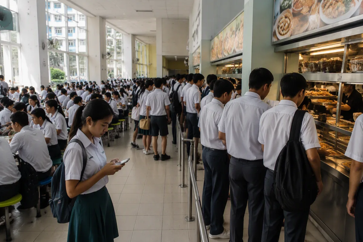 An original image of long queues of secondary school students along a busy canteen stall counter, with a student in the foreground checking her phone.