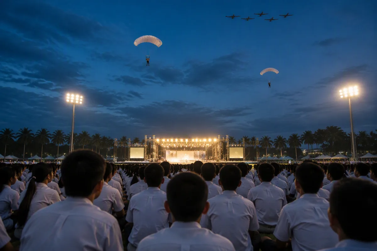 An original image of students seated on a field at an evening civic event, watching two parachutists descend with aircraft passing overhead.