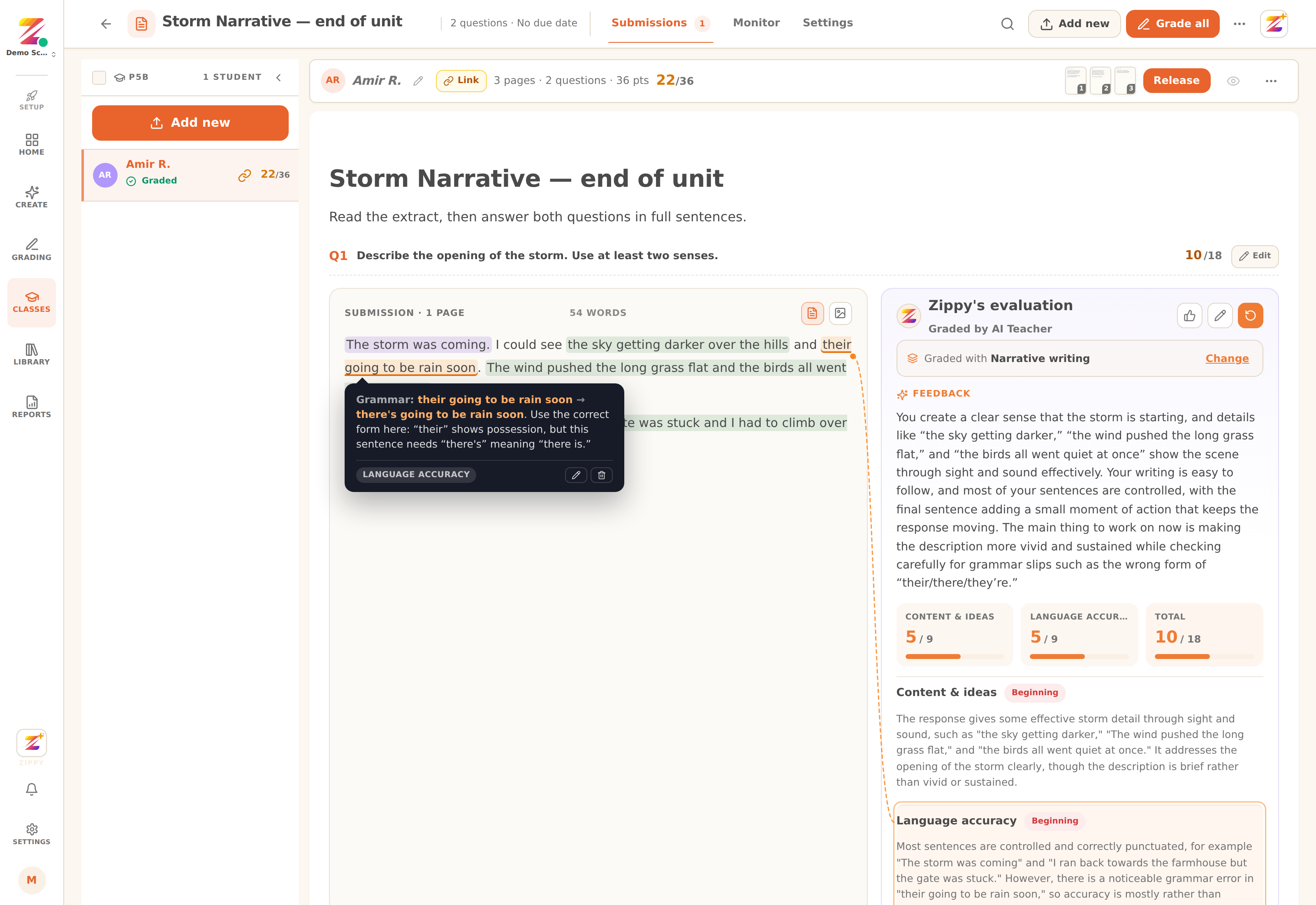 The annotation popover open on a marked script, with the dashed connector running to the Language accuracy criterion