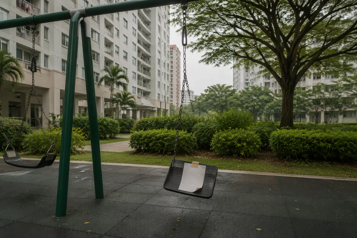 An original image of a neighbourhood playground swing hanging from a broken chain, with a sheet of paper taped to the seat as a warning, curling at one corner.