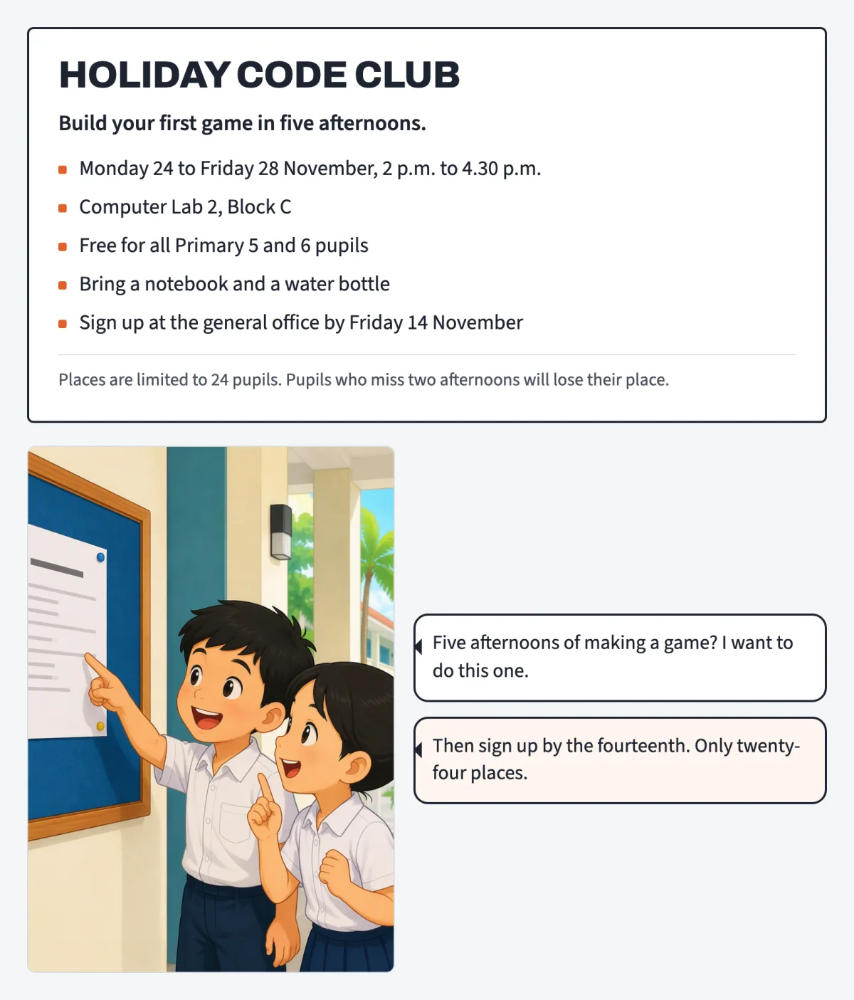 A cartoon of two primary school pupils reading a Holiday Code Club flyer on a noticeboard, beside the flyer itself.