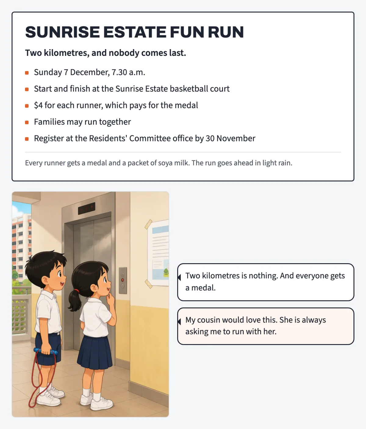 A cartoon of two primary school pupils reading a community fun run notice at a lift lobby, beside the notice itself.