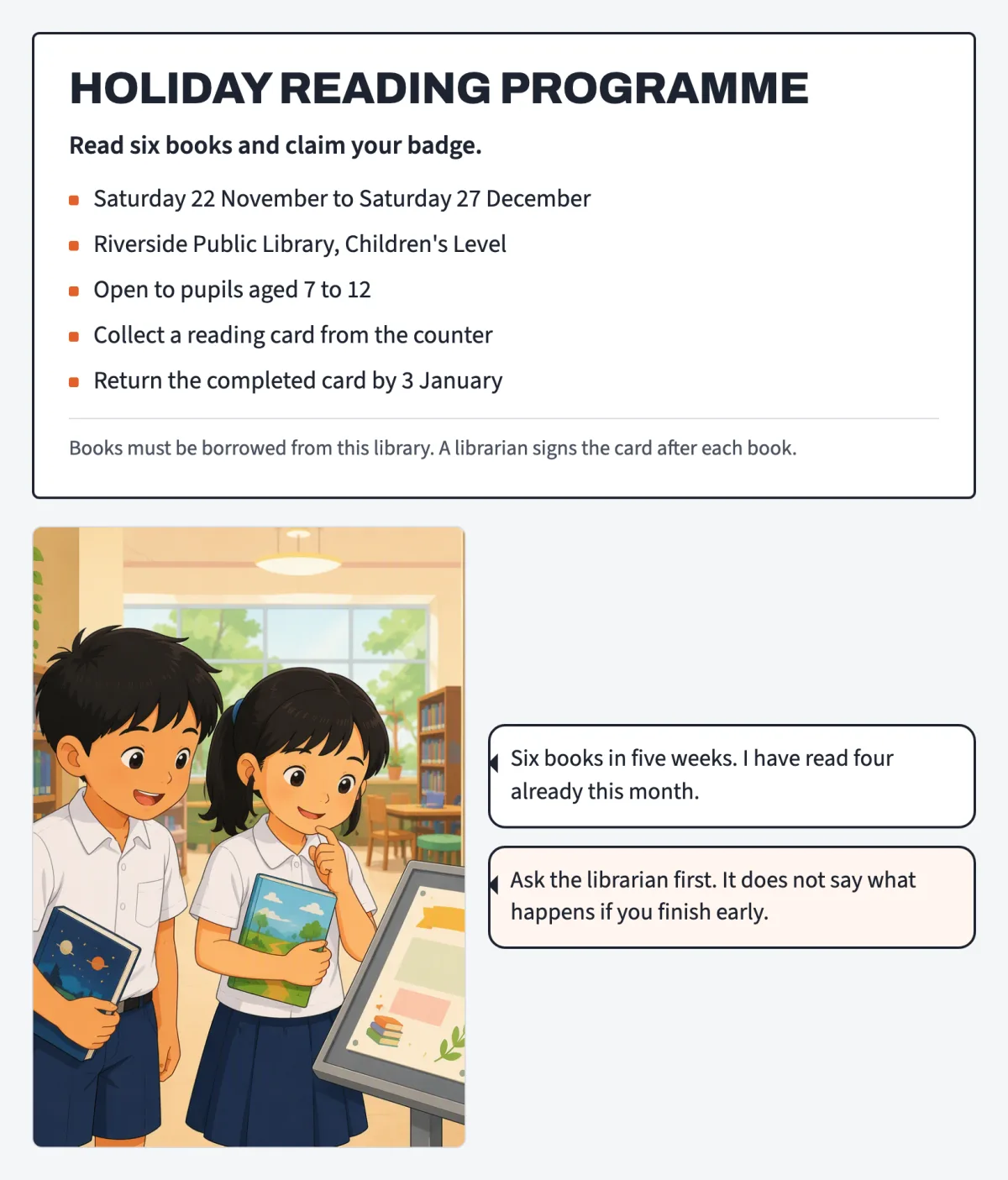 A cartoon of two primary school pupils reading a library holiday reading programme notice, beside the notice itself.
