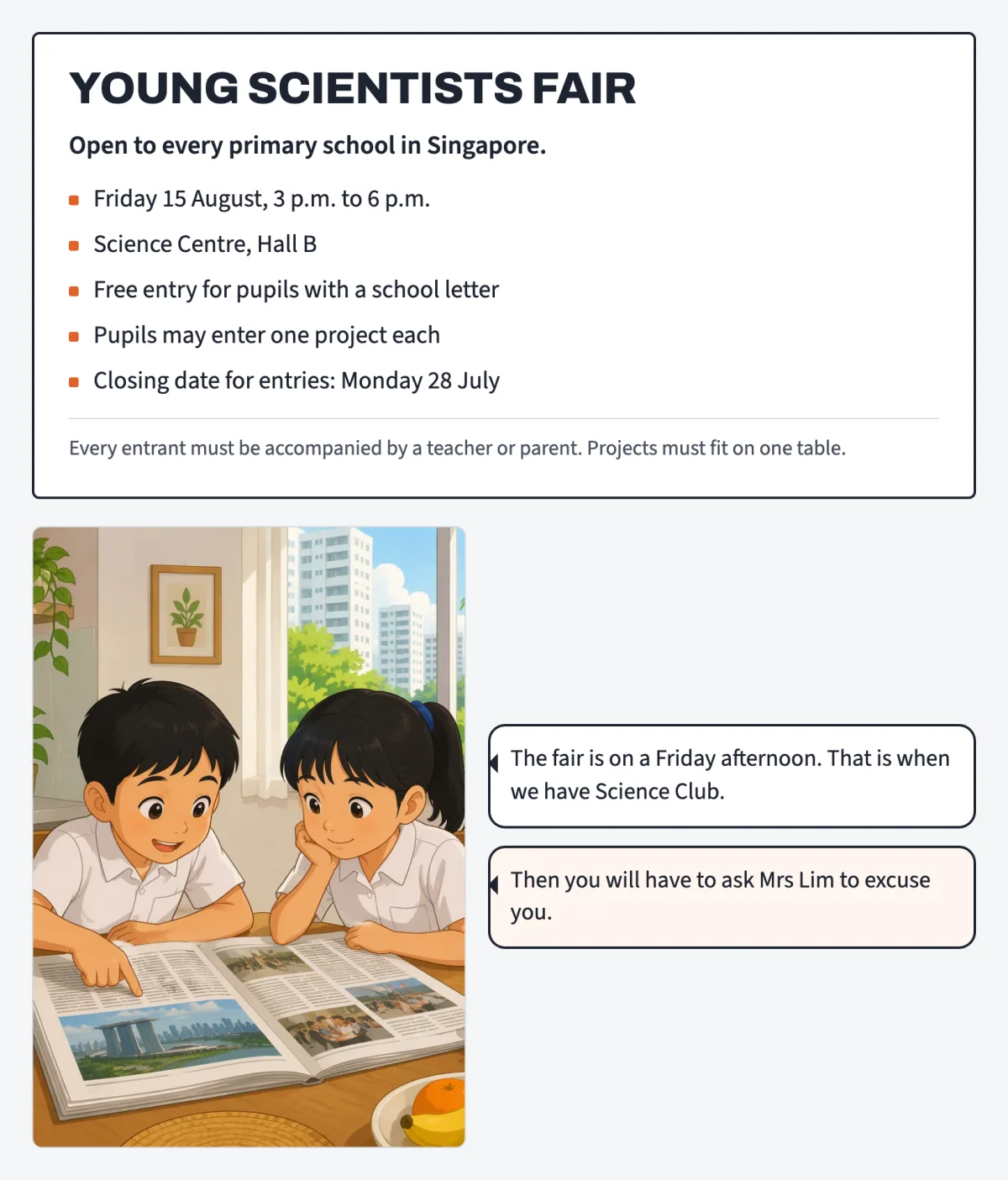 A cartoon of two primary school pupils reading a newspaper notice about a young scientists fair, beside the notice itself.