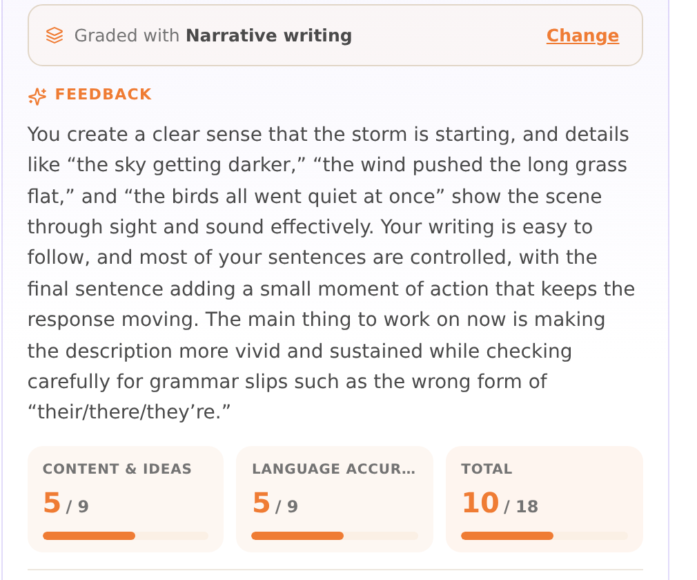Zippy's evaluation panel, headed "Graded with Narrative writing", with a Change link and scores for Content &amp; ideas, Language accuracy and Total