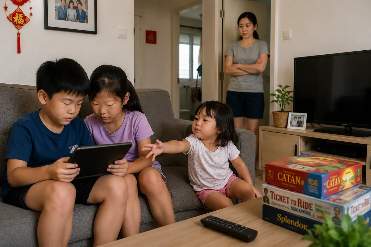 Two children on a sofa staring at a tablet while a younger sibling tries to get their attention; a parent stands in the doorway with folded arms, looking concerned, near a switched-off TV and untouched board games.