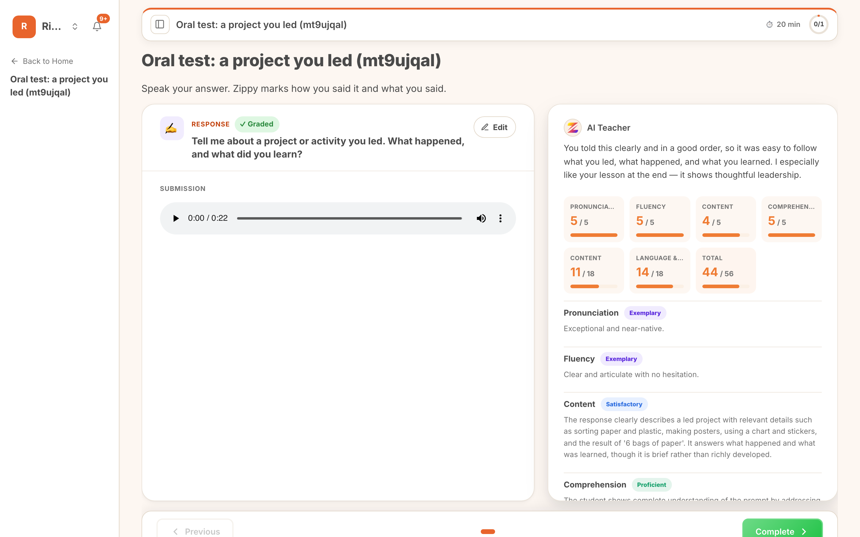 One spoken answer marked on two stacked rubrics: pronunciation and fluency from the speech engine, content and comprehension on the speaking scale, and the writing rubric out of eighteen