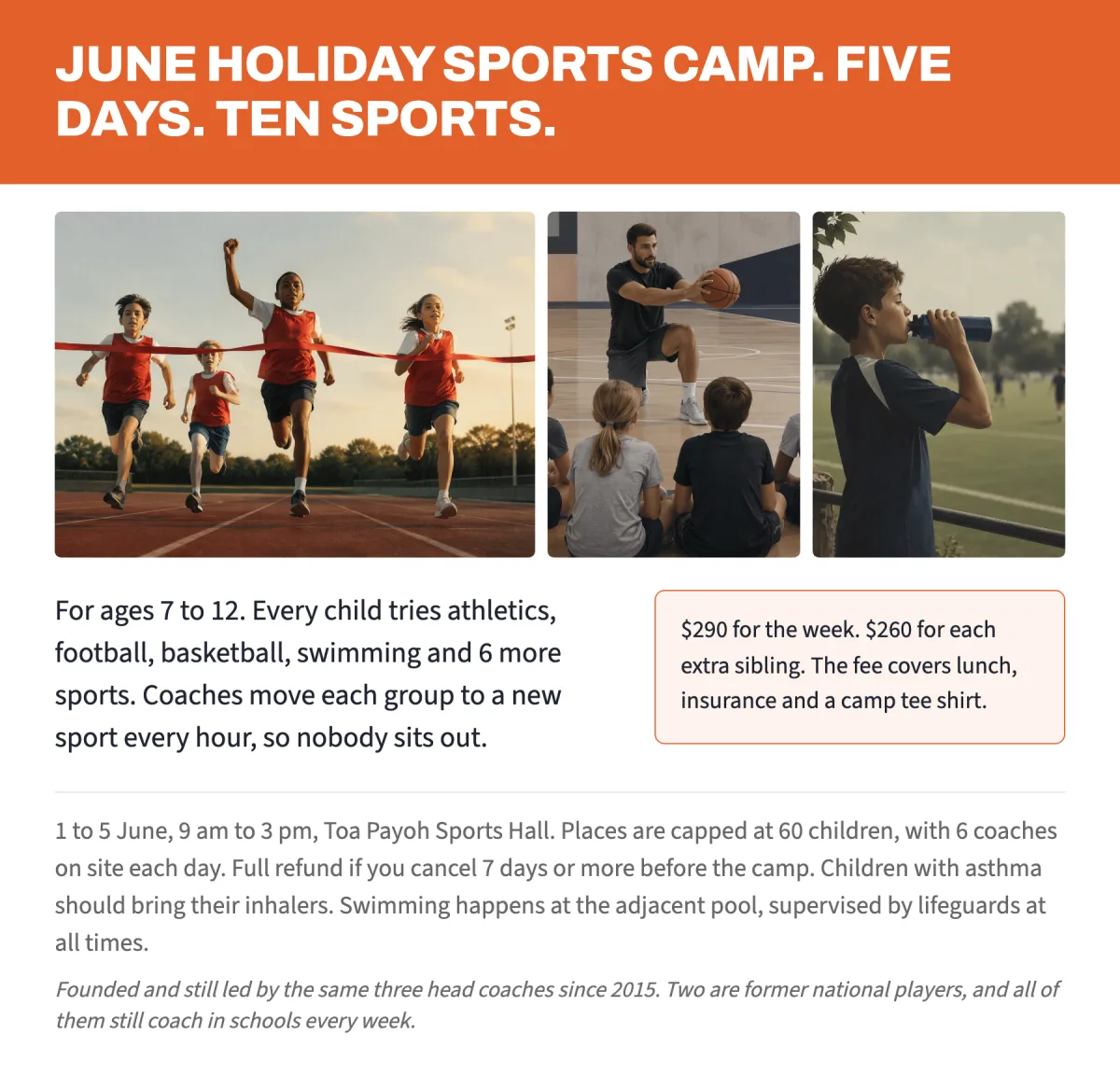A sports camp web page. An orange banner reading JUNE HOLIDAY SPORTS CAMP, FIVE DAYS, TEN SPORTS, above three pictures of children playing sport.