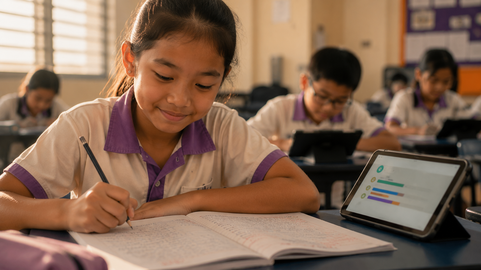 A student working through her own writing, her skill progress on the tablet beside her