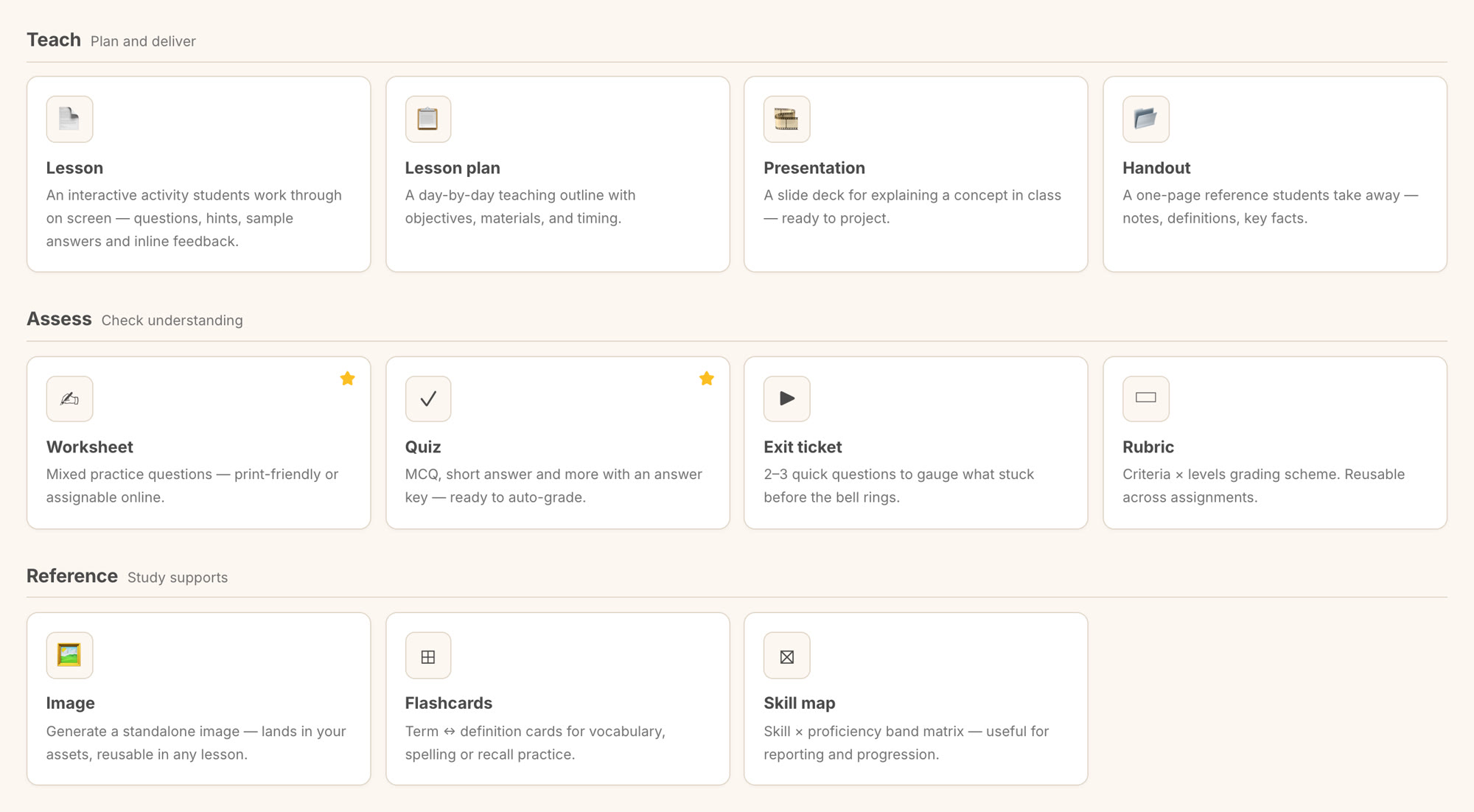 The Create menu: lesson, lesson plan, presentation, handout, worksheet, quiz, exit ticket, rubric, image, flashcards, skill map