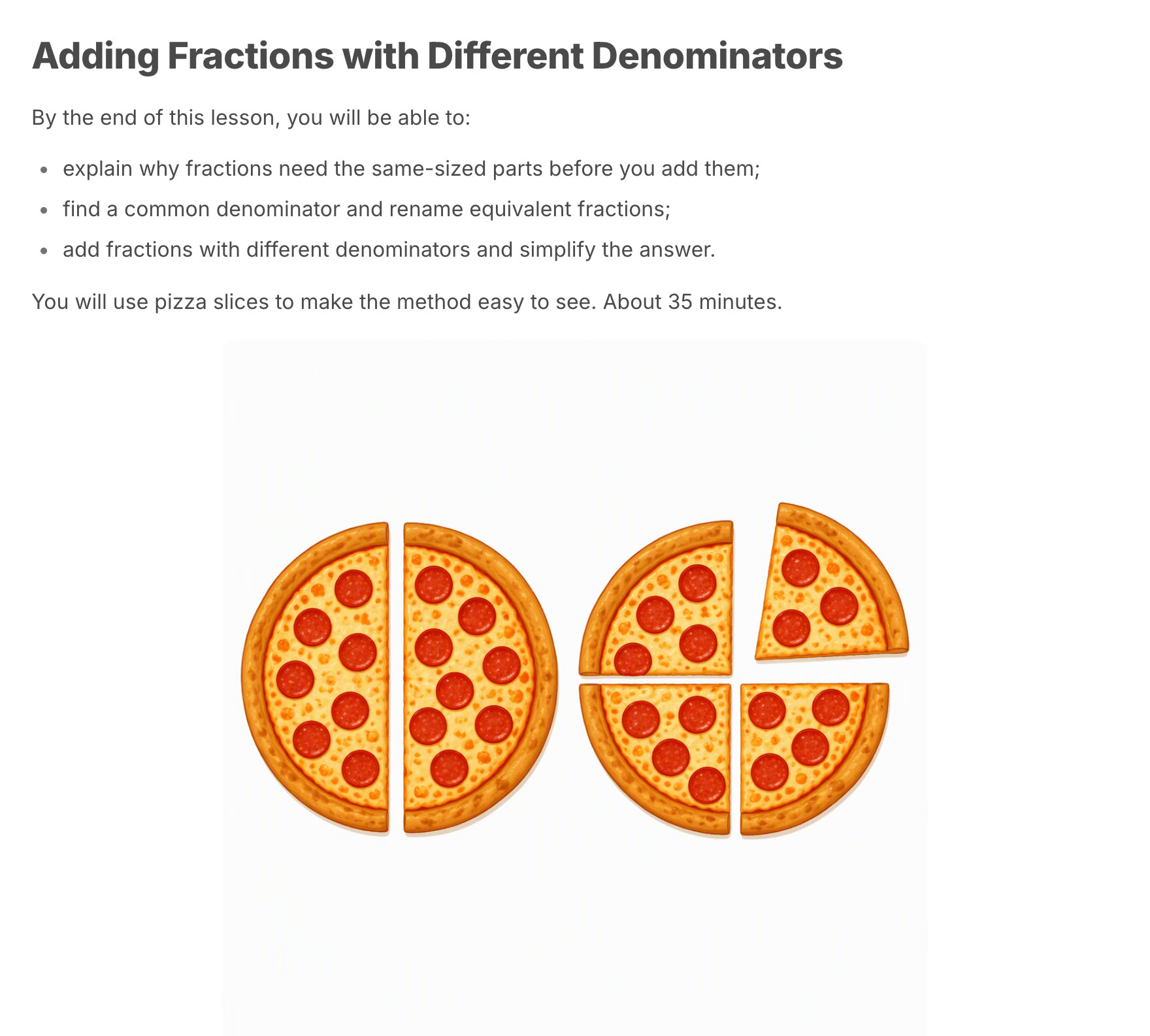 The generated lesson: adding fractions with different denominators, with goals and pictures
