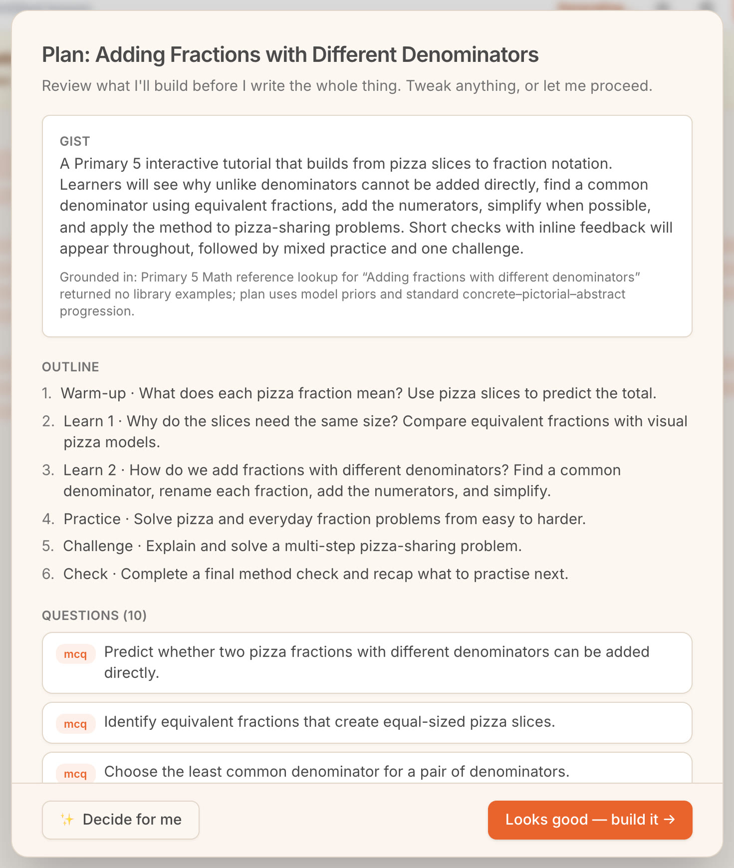 Zippy's plan: gist, outline and questions, with Looks good, build it