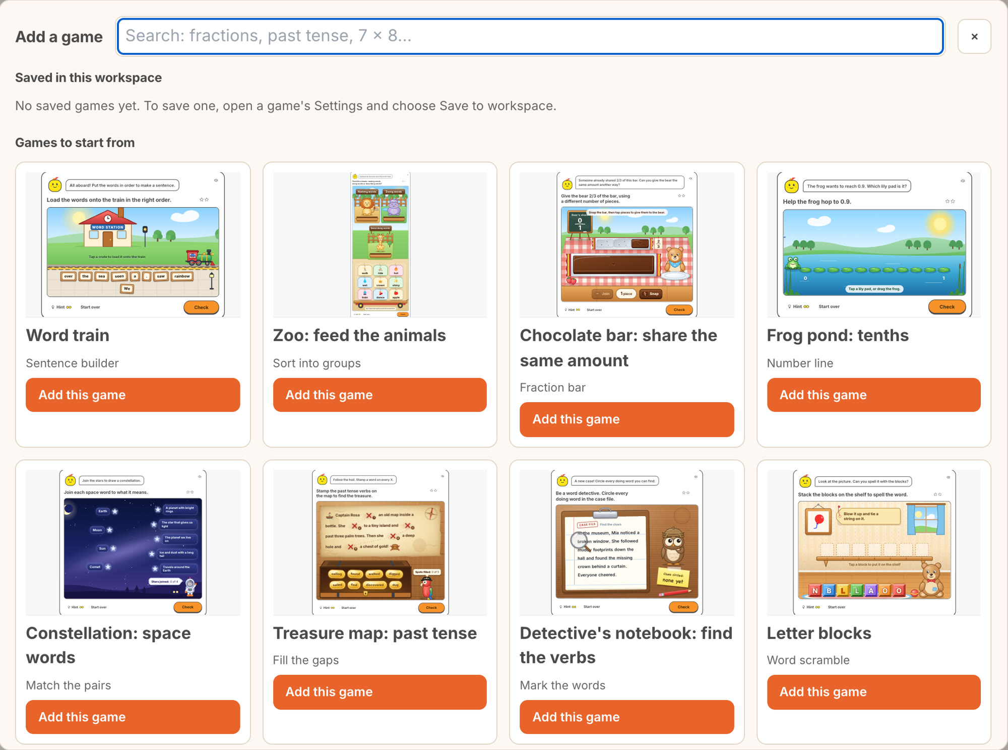 The game gallery: word train, zoo, chocolate bar, frog pond, constellation and more