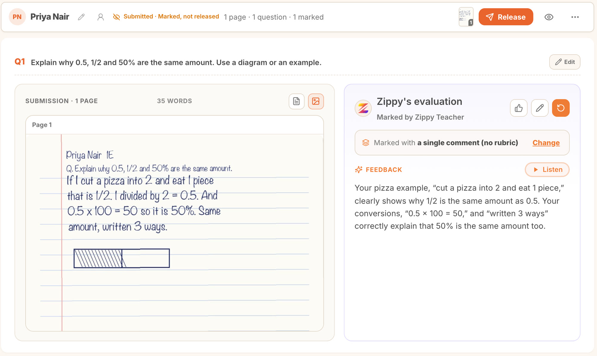 A handwritten answer beside Zippy's feedback quoting it