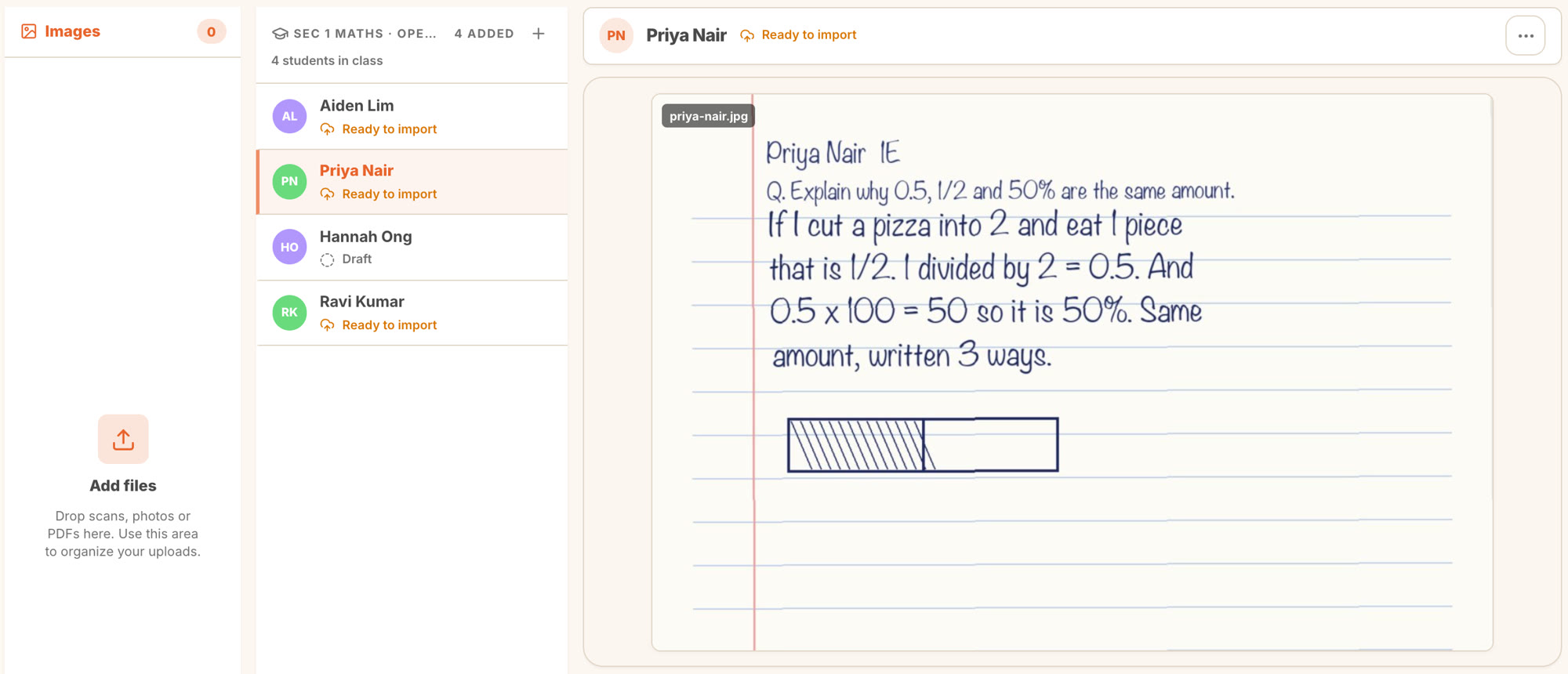Handwritten scans dragged onto students, ready to import